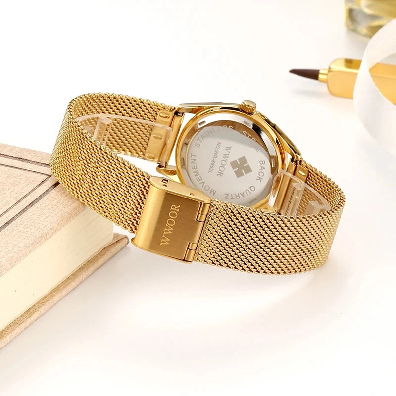 Elegant Women's Gold Dress Watch with Diamond Accents and Steel Mesh Band