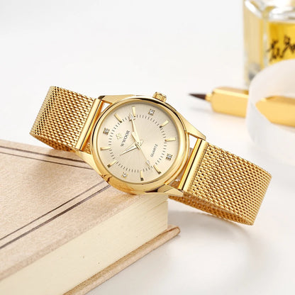 Elegant Women's Gold Dress Watch with Diamond Accents and Steel Mesh Band