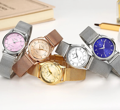 Luxury Women's Gold Dress Watch • Diamond Accents & Steel Mesh Band