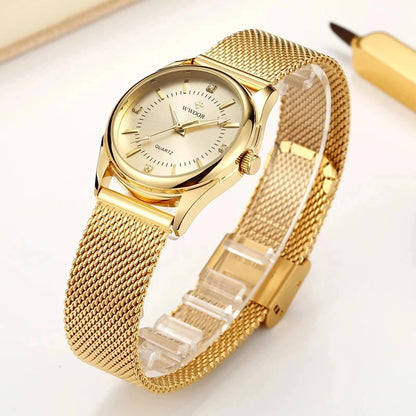 Elegant Women's Gold Dress Watch with Diamond Accents and Steel Mesh Band
