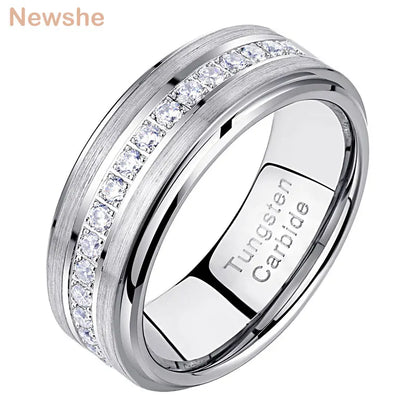 Men's Brushed Tungsten Carbide Wedding Band with Half Eternity Round Zircon Inlay