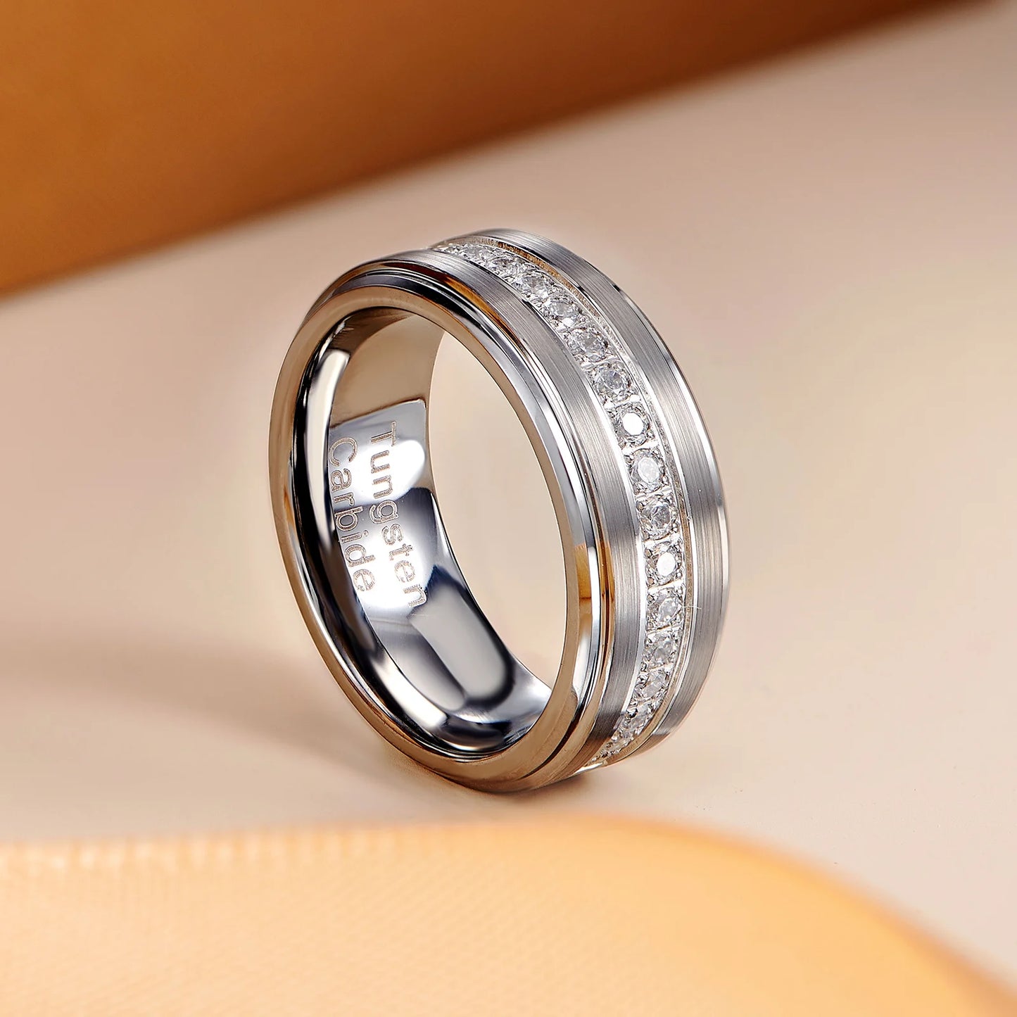 Men's Brushed Tungsten Carbide Wedding Band with Half Eternity Round Zircon Inlay
