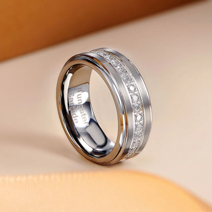 Men's Brushed Tungsten Carbide Wedding Band with Half Eternity Round Zircon Inlay